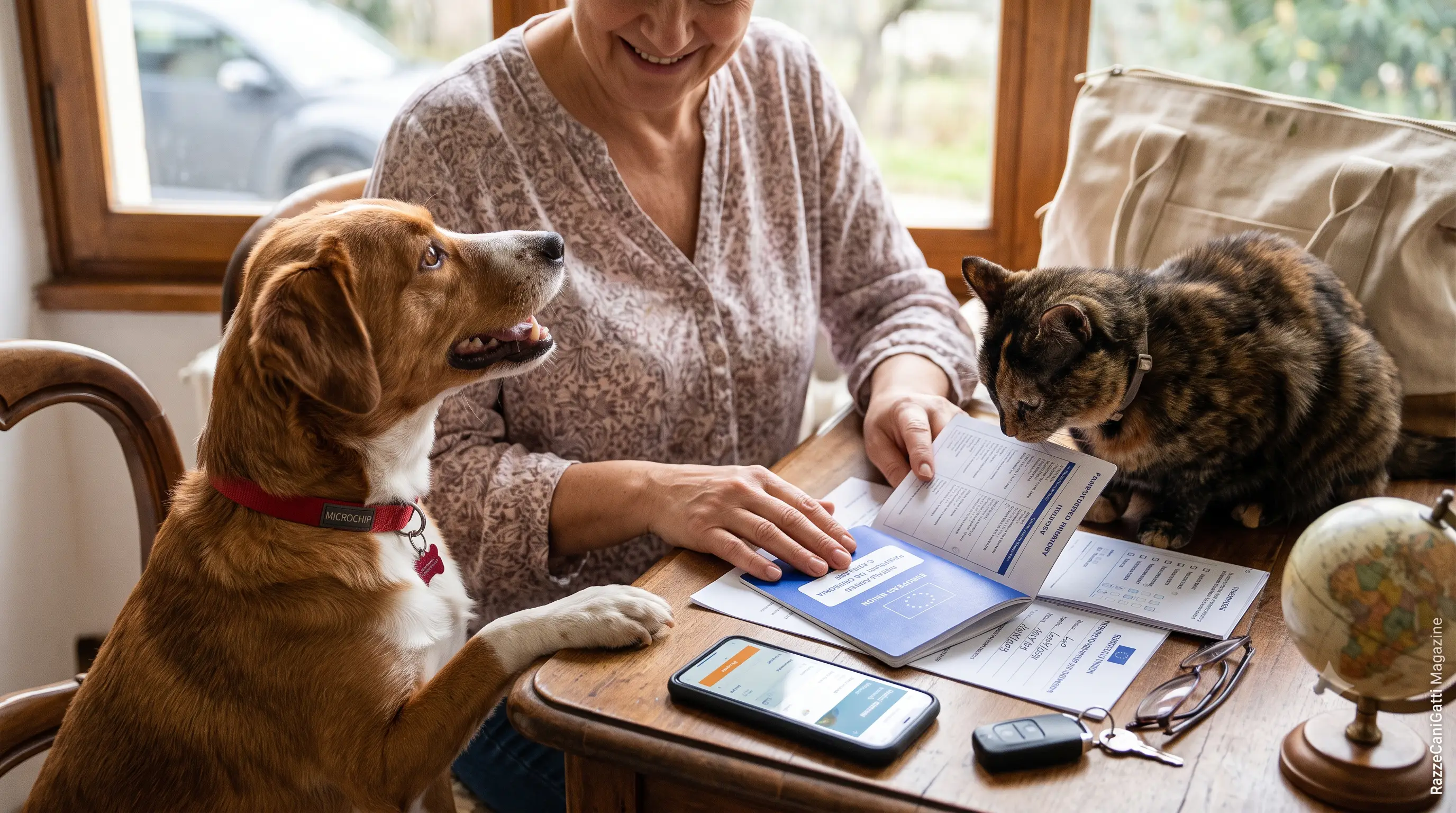 Persona che prepara documenti di viaggio con cane e gatto accanto, immagine editoriale realistica per un articolo sui viaggi con animali.