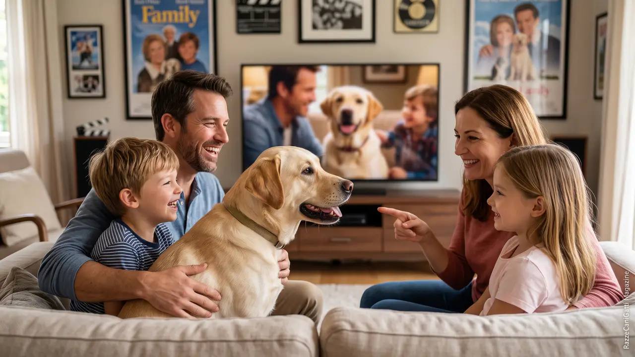 Famiglia in salotto con un Labrador davanti a uno schermo, immagine editoriale realistica per un articolo sul cinema familiare.