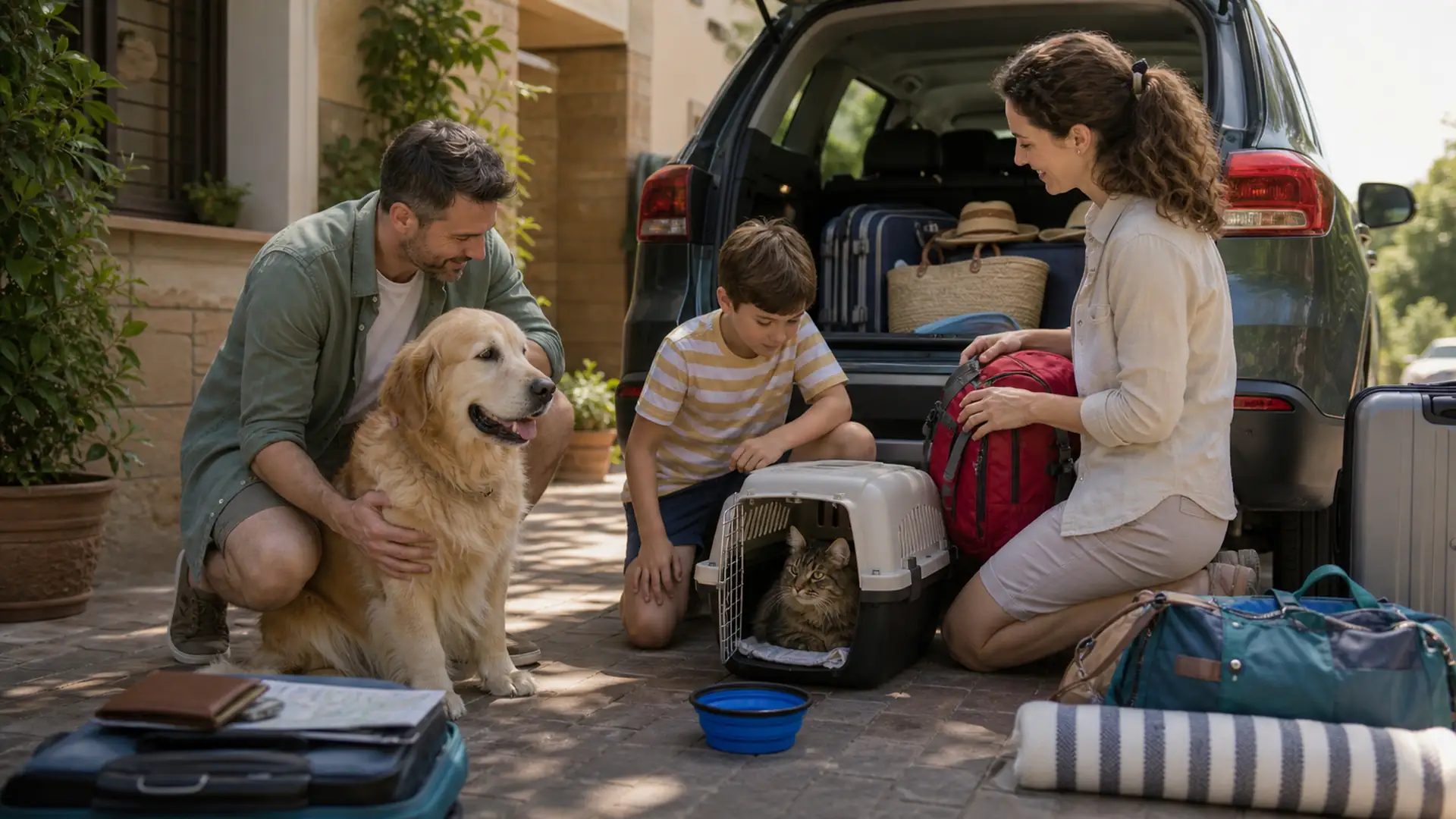 Cane e gatto con la famiglia durante i controlli finali prima di partire per le vacanze.