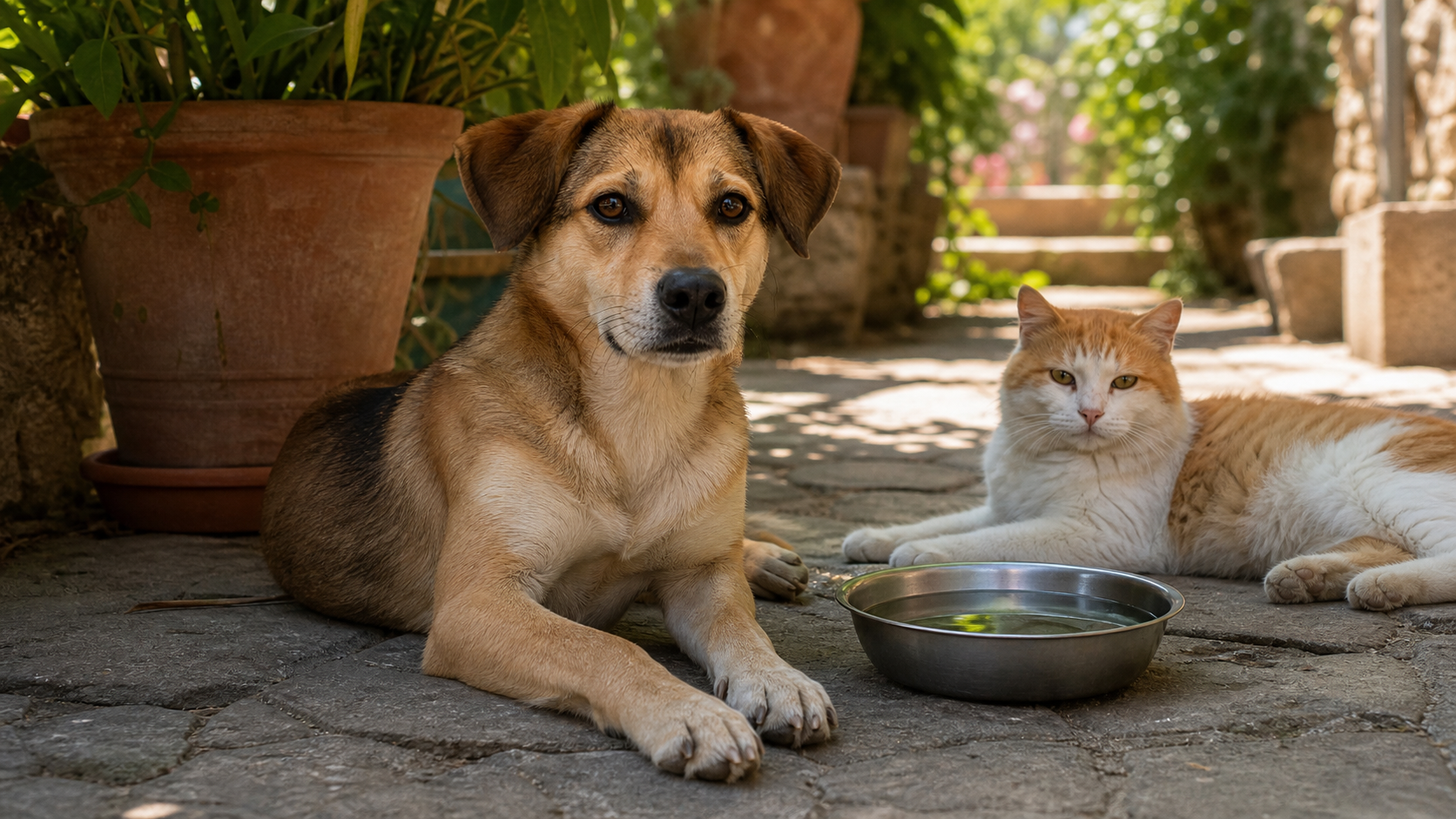 Cane e gatto riposano all'ombra in un cortile estivo con una ciotola d'acqua fresca.