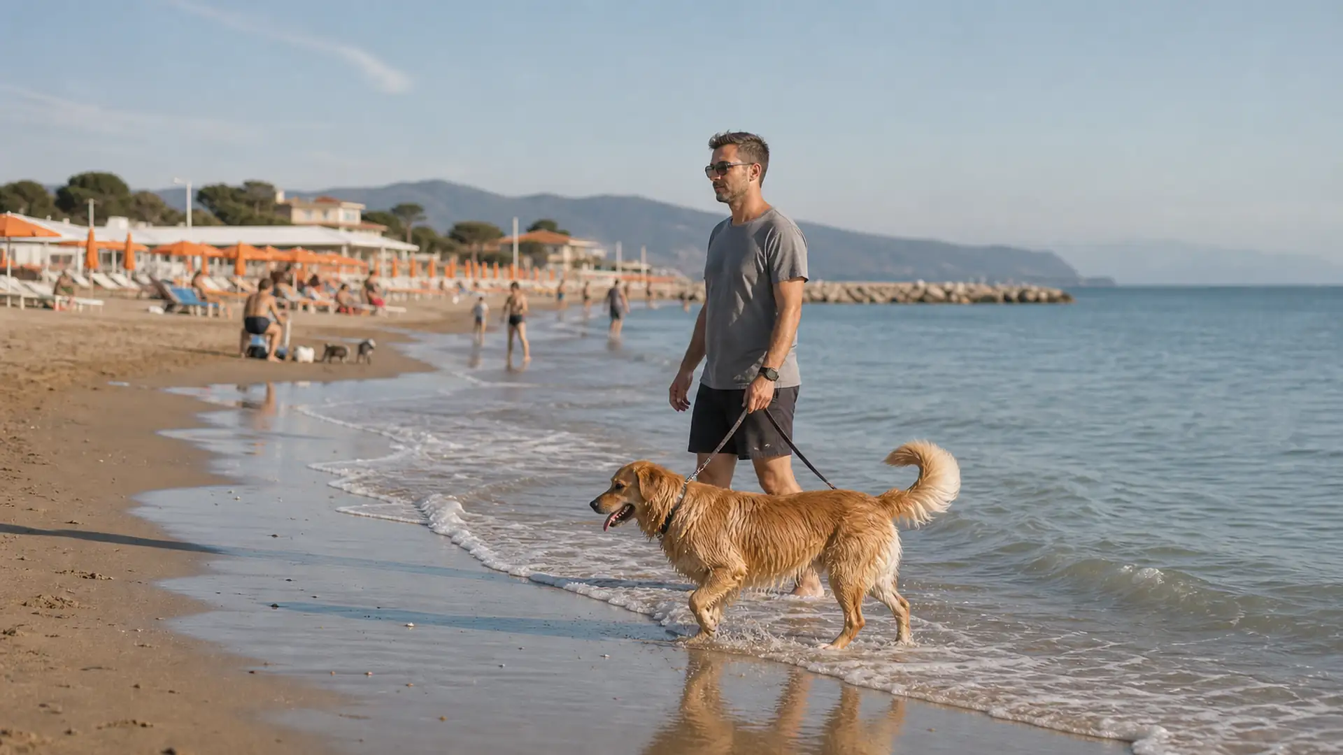 Cane al guinzaglio con il proprietario su una spiaggia ordinata e condivisa con altri bagnanti.