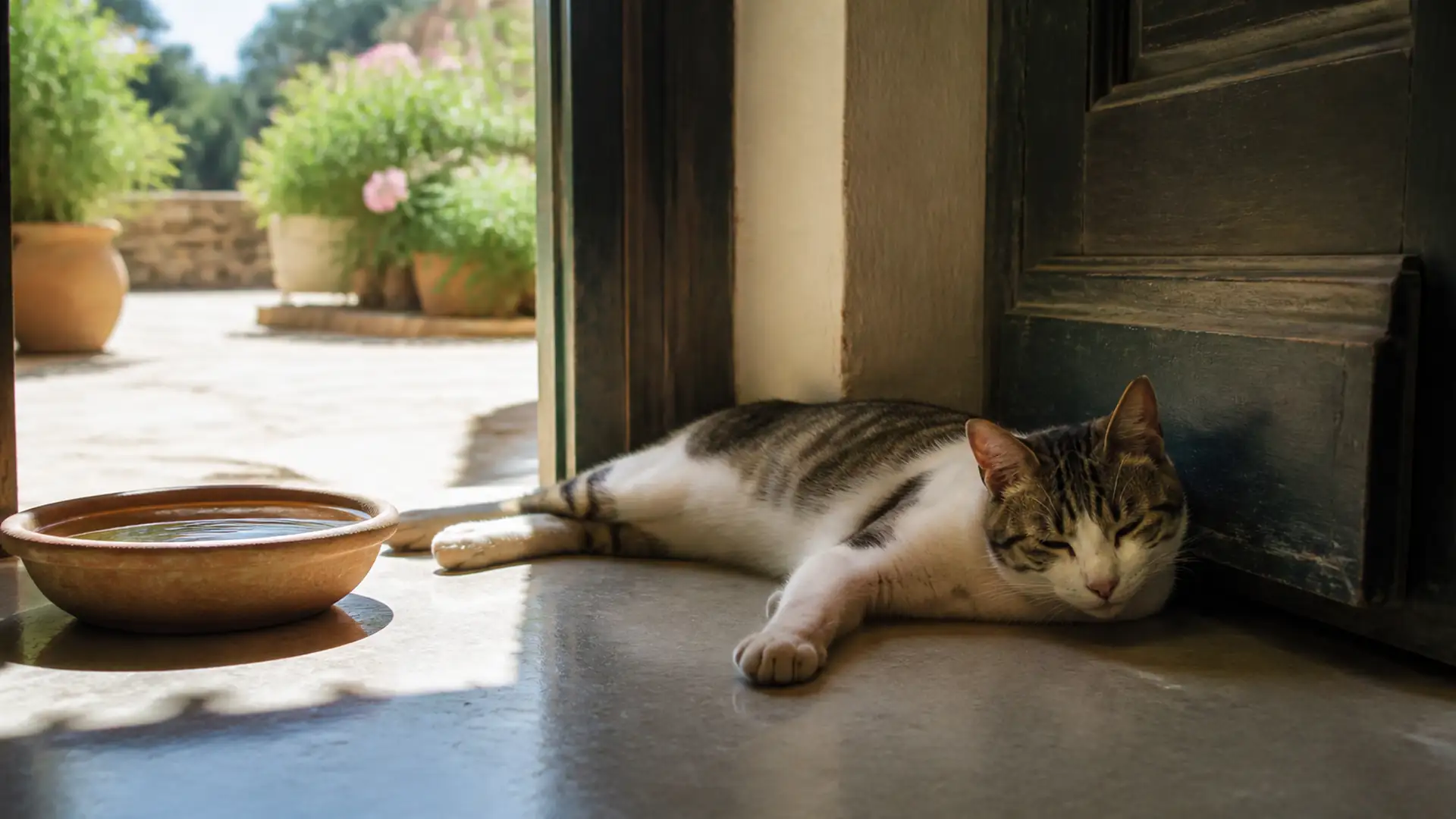 Gatto sdraiato su un pavimento fresco all’ombra durante una giornata estiva.