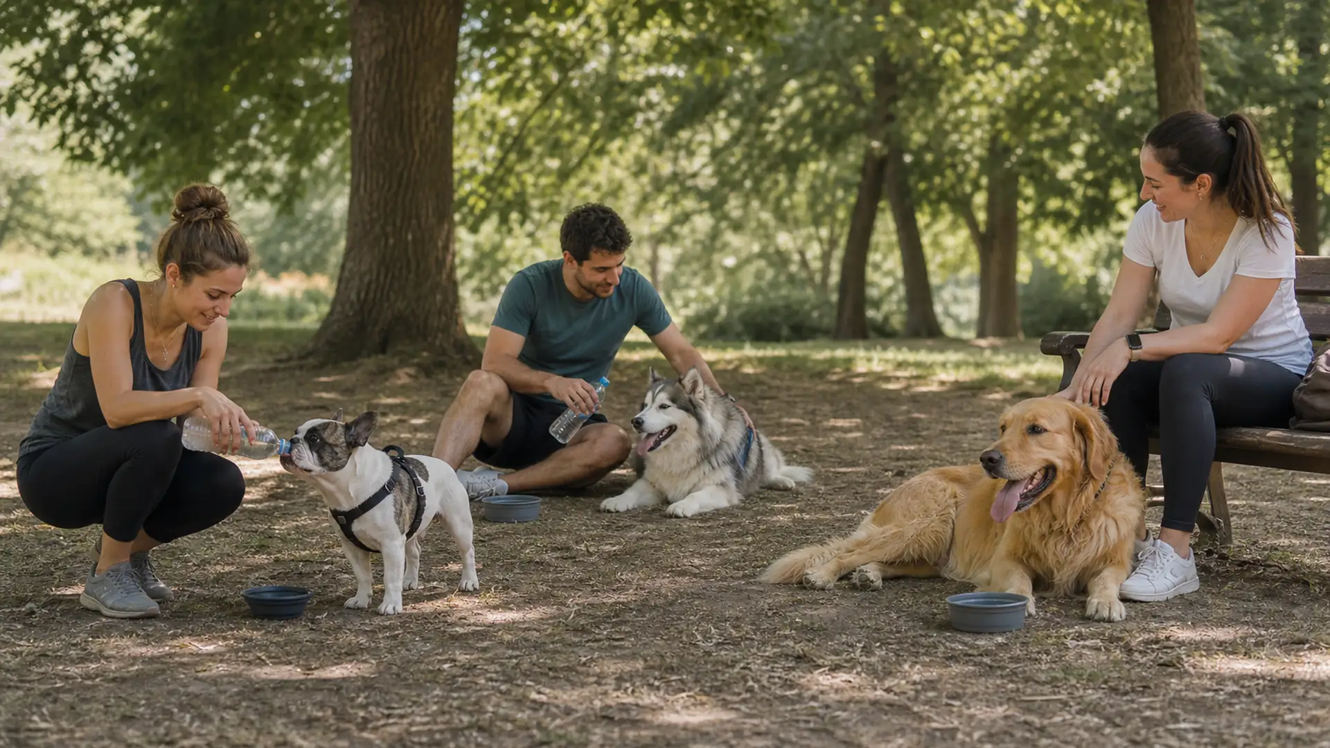 Cani di morfologie diverse che riposano all’ombra con acqua durante una giornata calda.