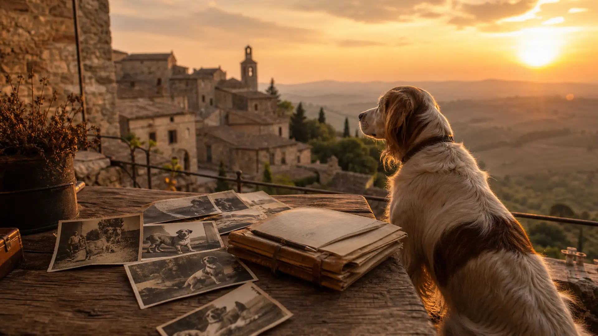 Cane italiano accanto a fotografie d’archivio che evocano la memoria di antiche razze scomparse.