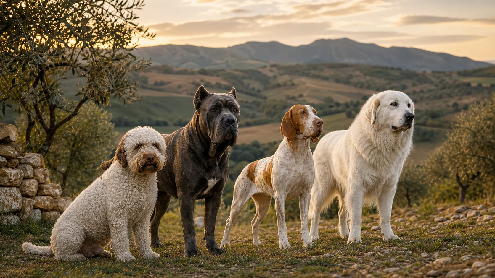 Quattro razze canine italiane fotografate in un paesaggio rurale con colline, ulivi e luce naturale.