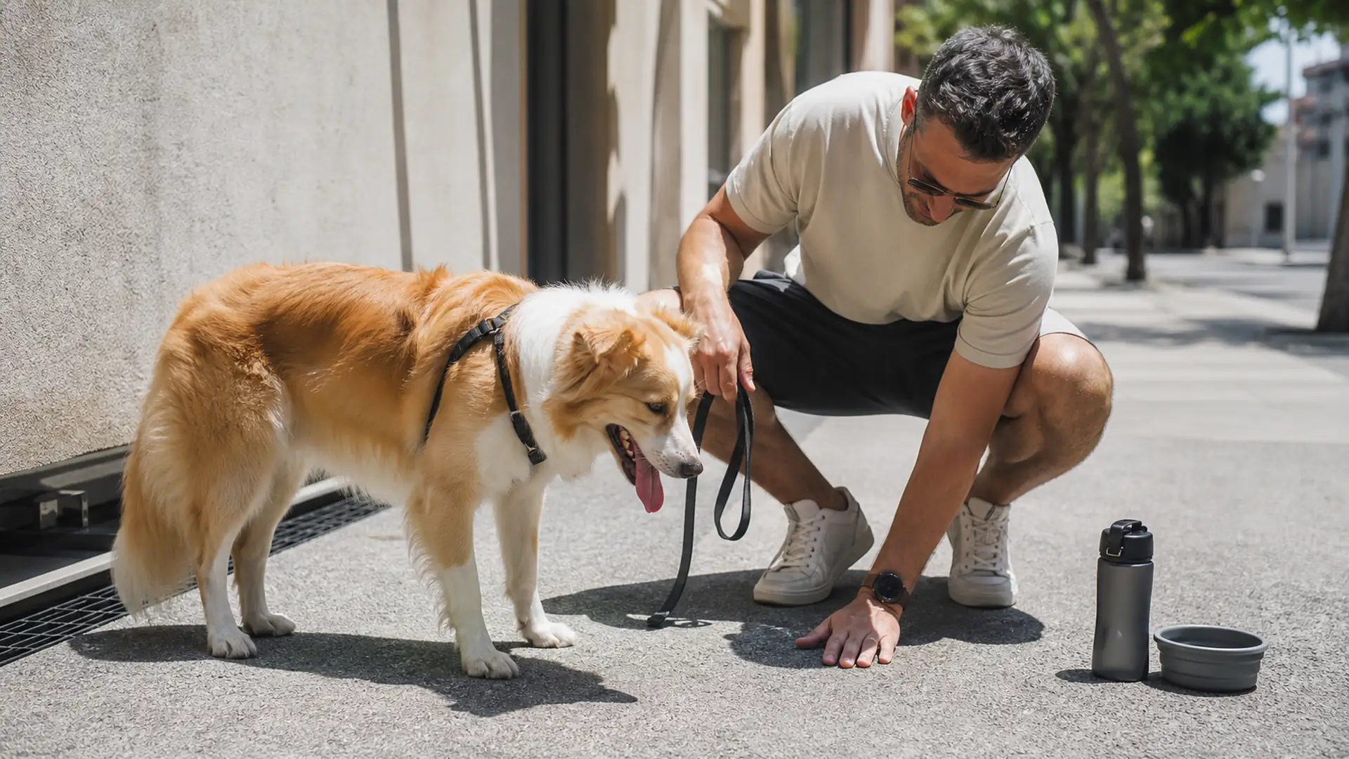 Cane durante una passeggiata estiva mentre il proprietario controlla il calore dell’asfalto con la mano.