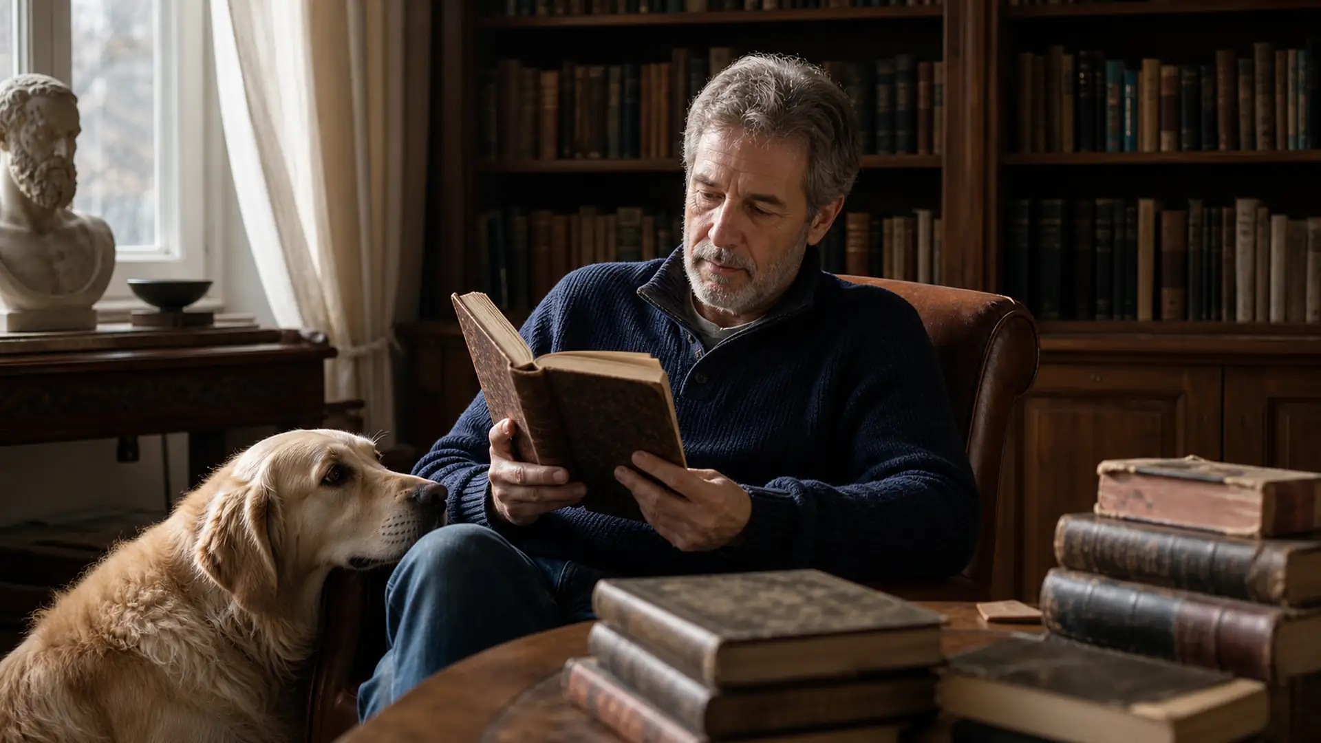 Cane accanto a un lettore tra libri classici, simbolo della presenza canina nella letteratura.