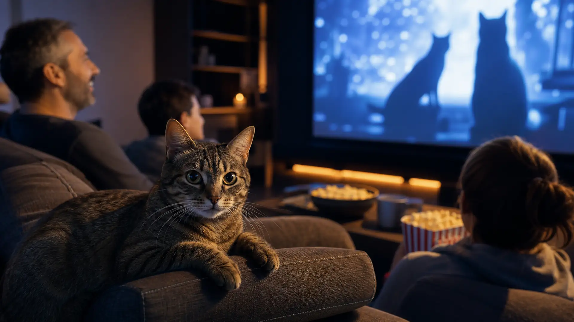 Gatto davanti a uno schermo cinematografico, simbolo dei felini famosi del cinema e dell’animazione.