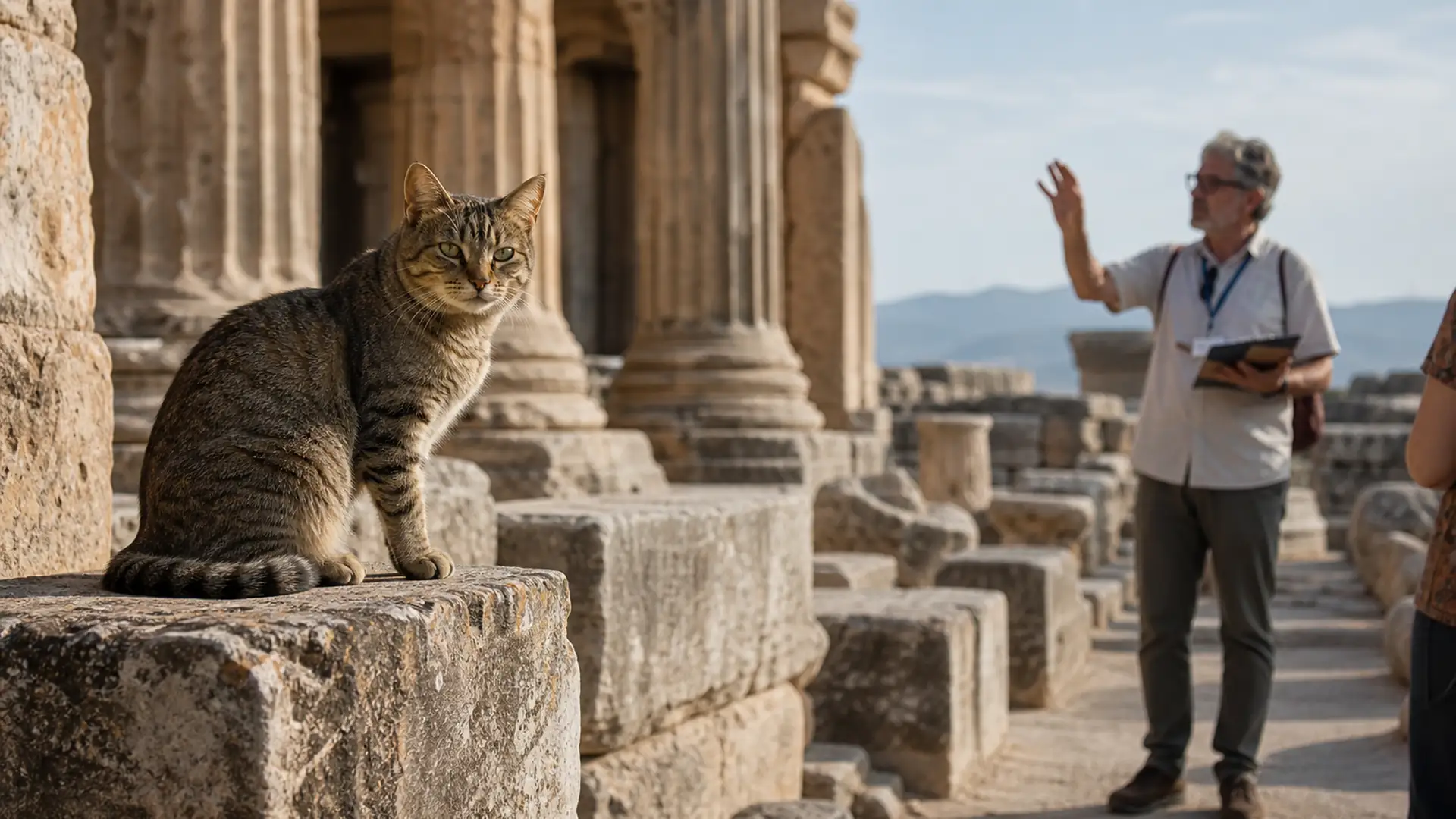 Gatto davanti a un sito storico antico, simbolo del rapporto tra razze feline, storia e leggenda.
