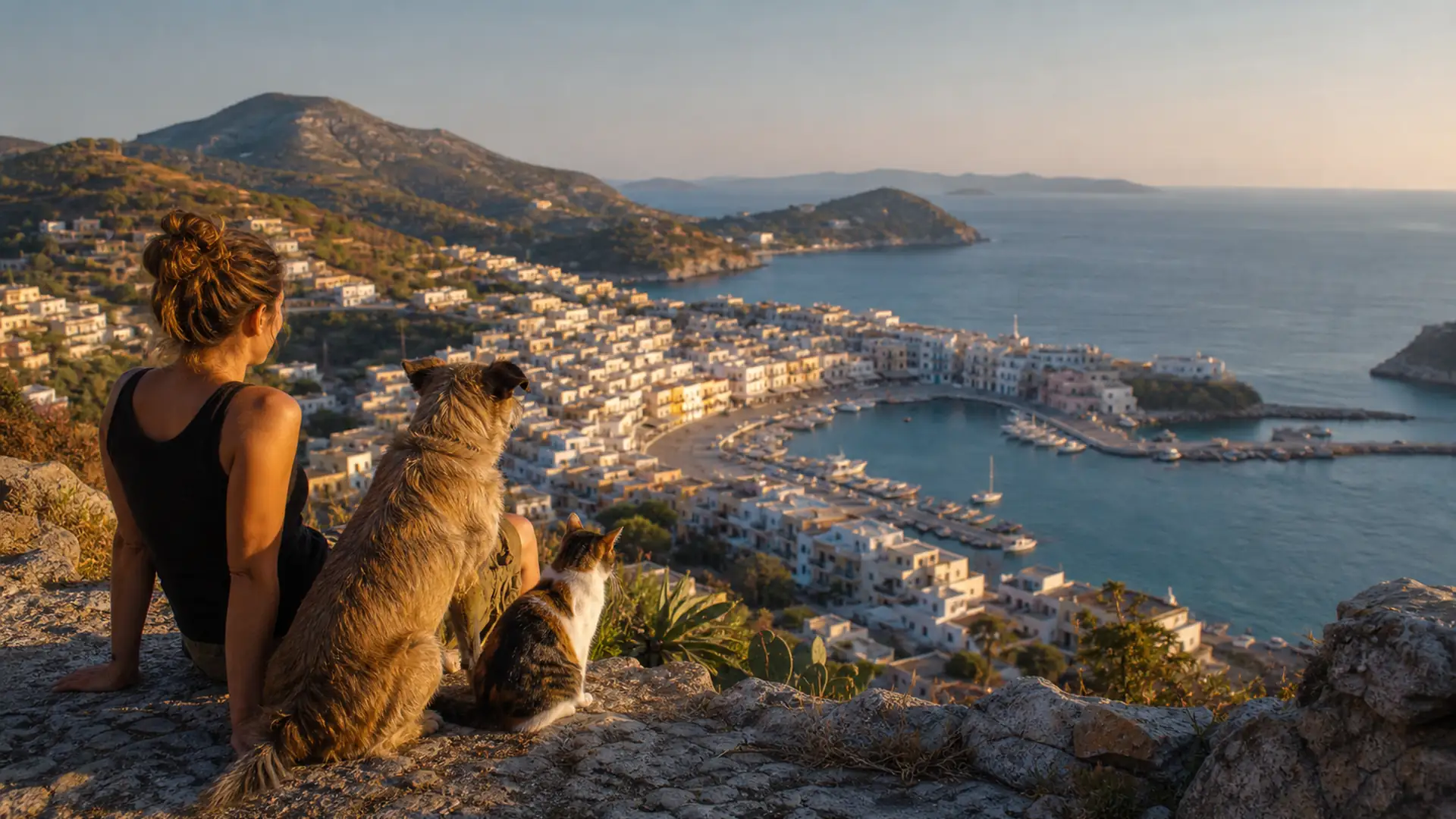 Cane e gatto su un’isola con mare e porto sullo sfondo, simbolo di isolamento e scambi.