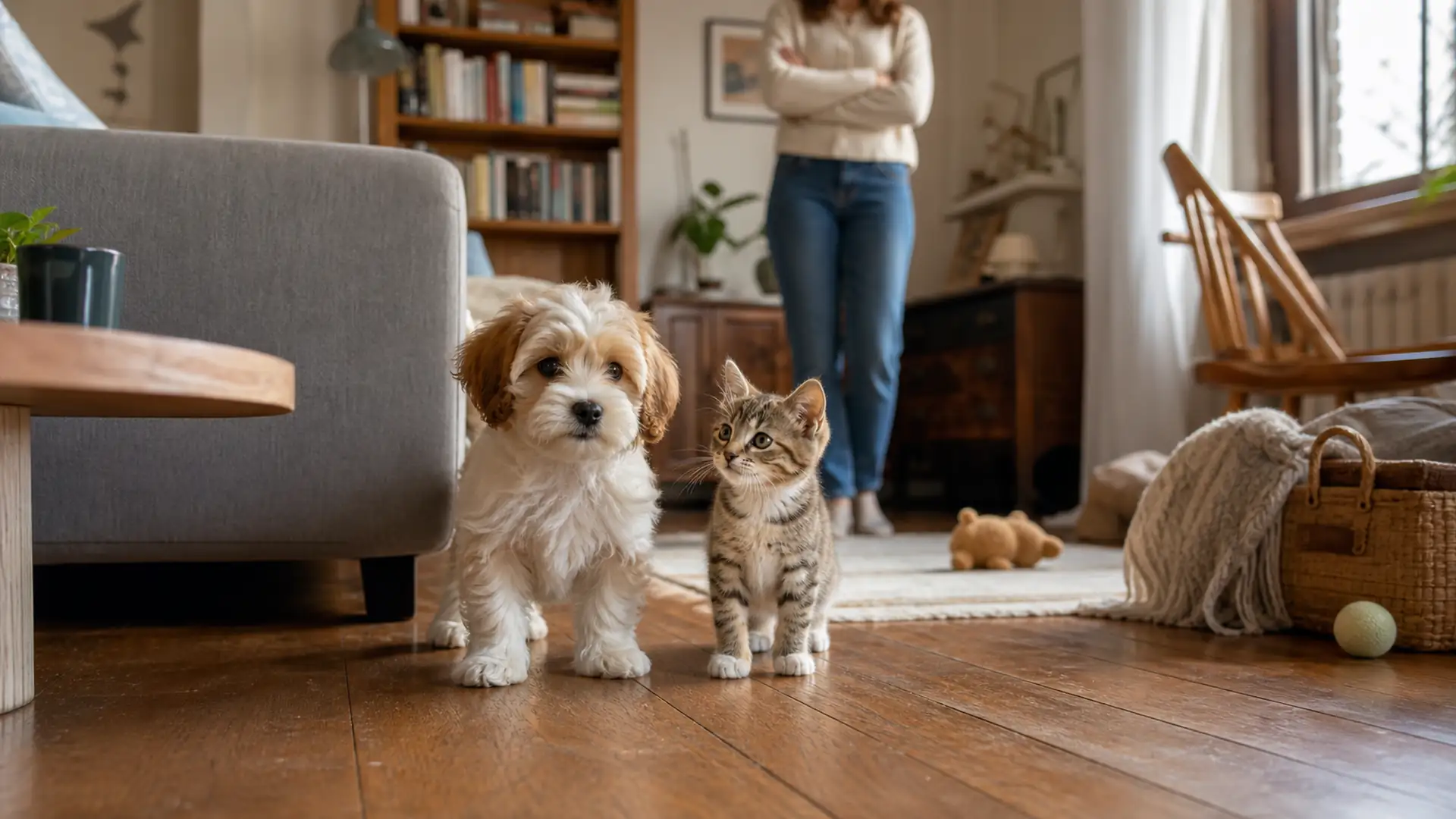 Piccolo cane e piccolo gatto affiancati per confrontarne dimensioni e proporzioni.
