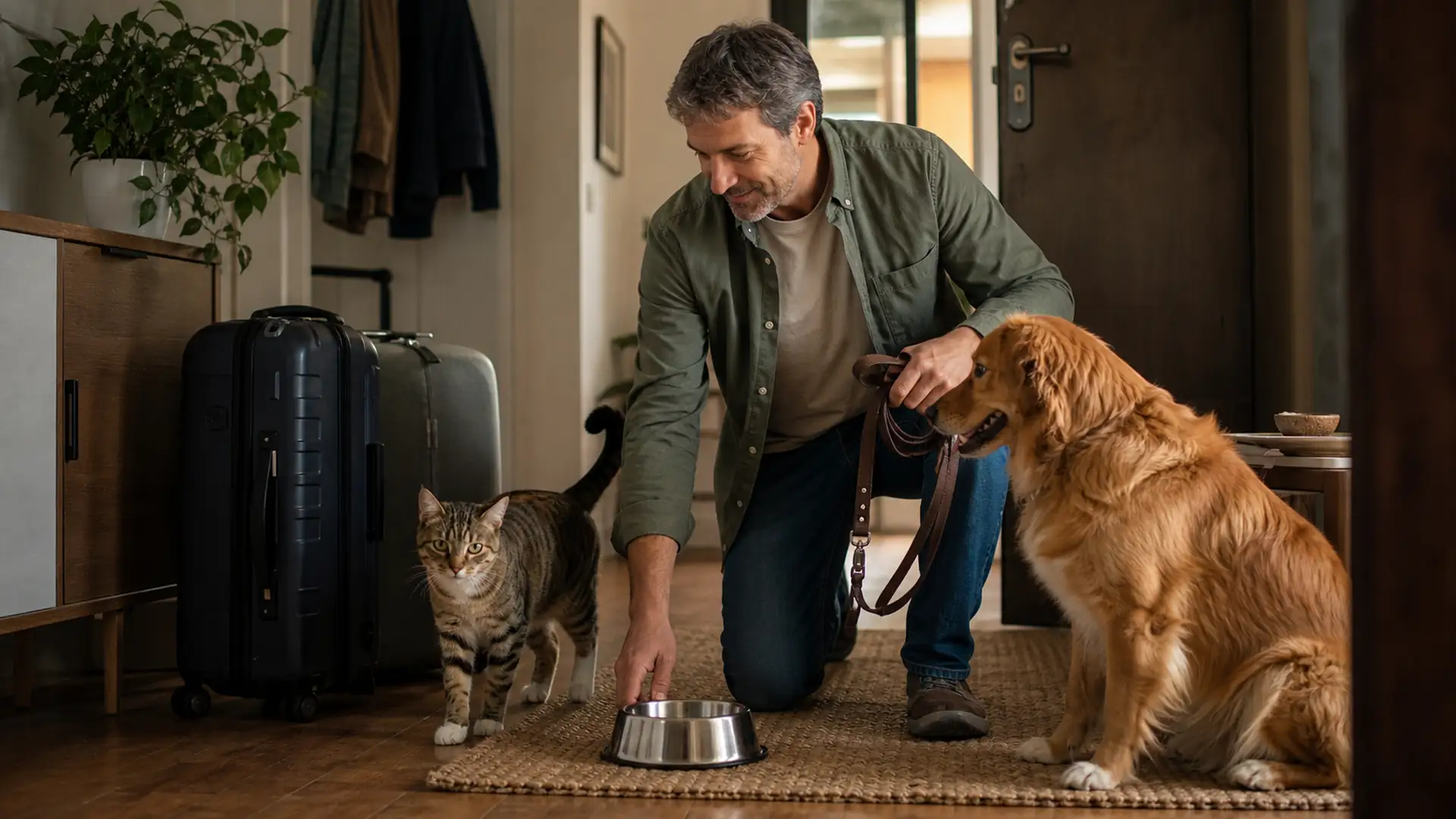 Cane e gatto a casa con la famiglia durante il rientro dalle vacanze.