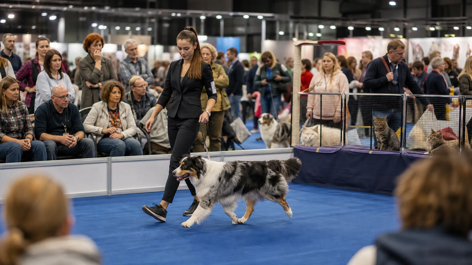 Pubblico e animali durante una mostra o un raduno pet in un padiglione espositivo.