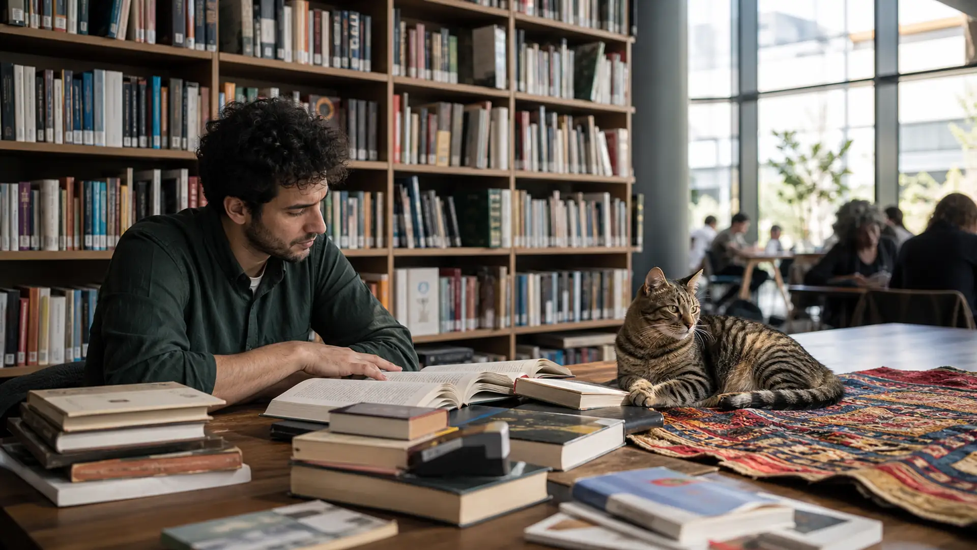 Gatto accanto a libri di diverse tradizioni culturali, simbolo della sua presenza nella letteratura mondiale.