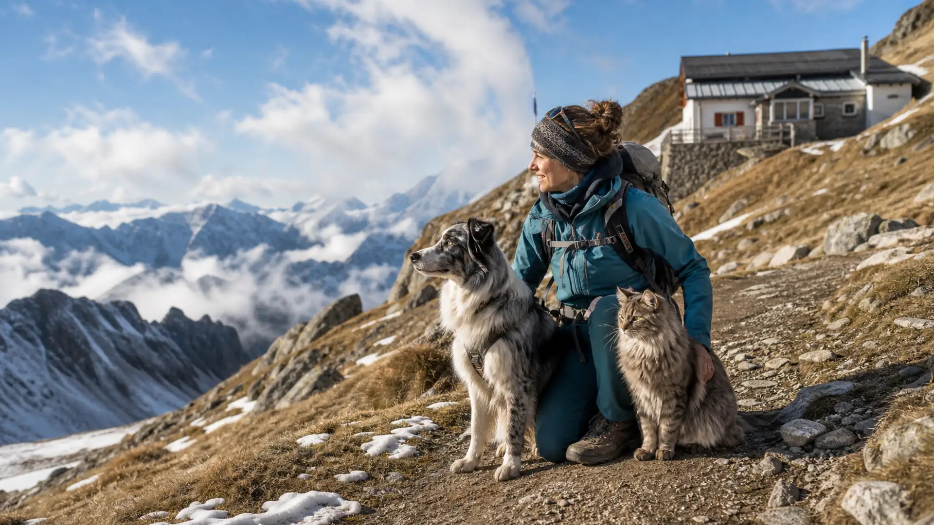 Cane e gatto in un ambiente montano che mostra il legame tra territorio, lavoro e adattamento.