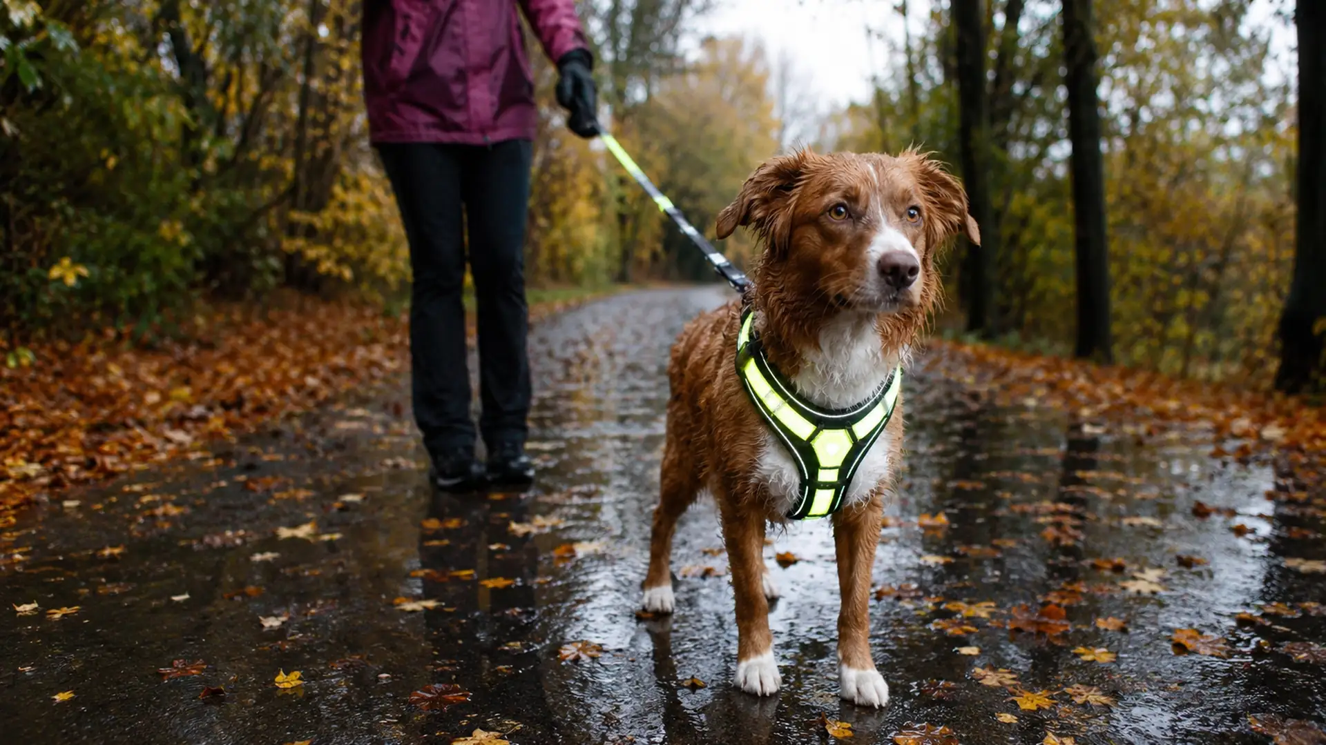 Passeggiate in autunno — luce, pioggia e visibilità con il cane